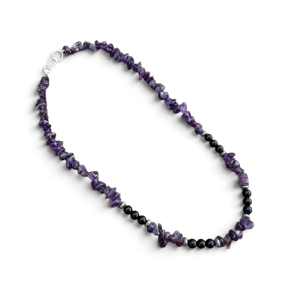 Amethyst and Onyx Beaded Necklace with Sterling Silver Clasp Jewelry