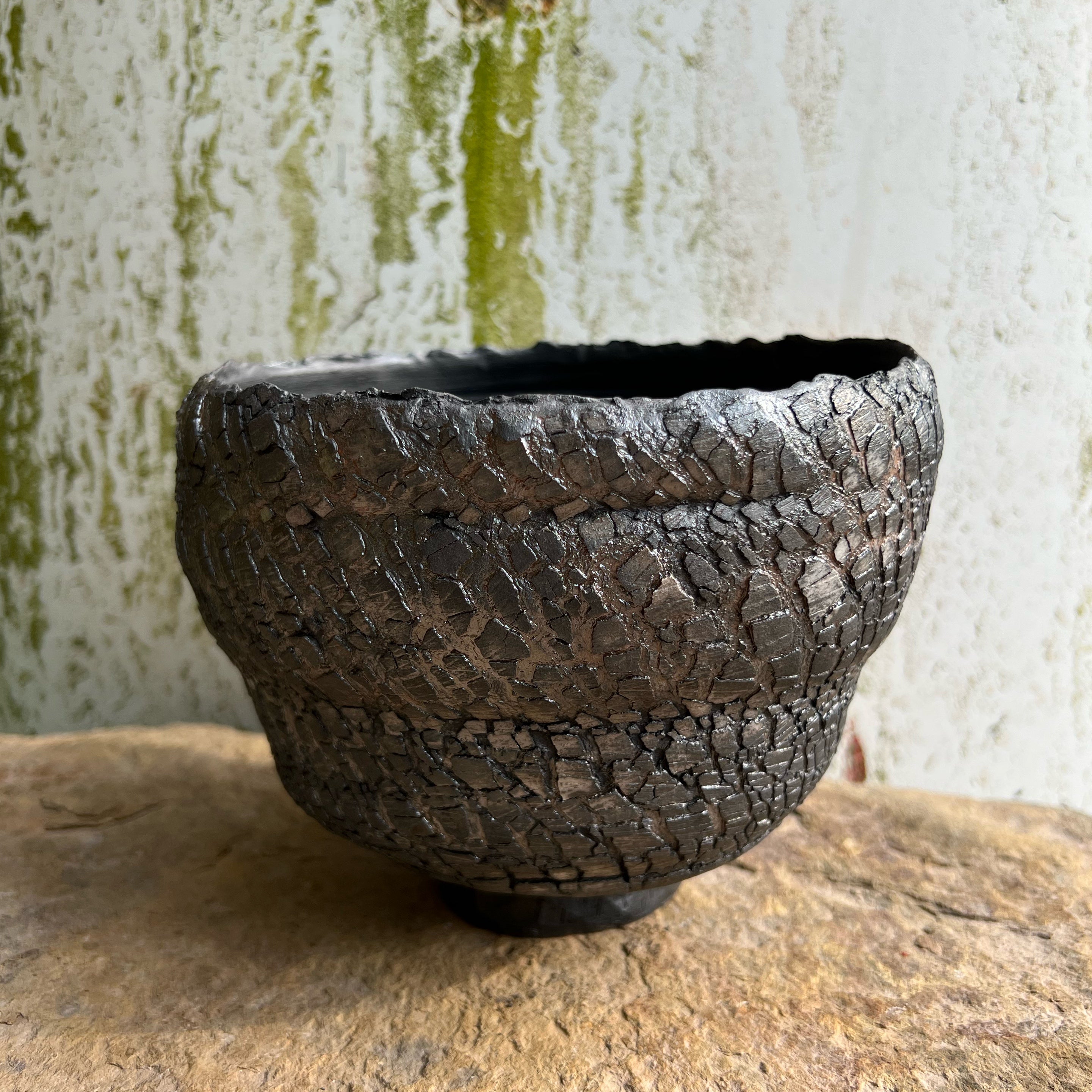 Handmade Pottery Raku Fired Footed Bowl with Cracked Texture – Drac Studios