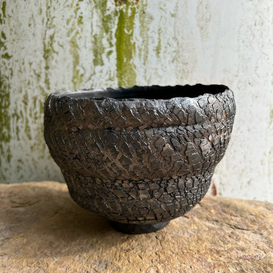 Handmade Pottery Raku Fired Footed Bowl with Cracked Texture